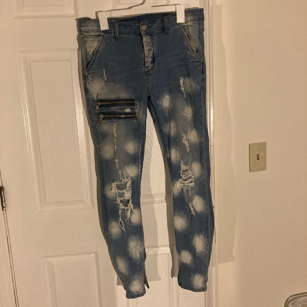 Bleach distressed zipper slim fit denim (34)